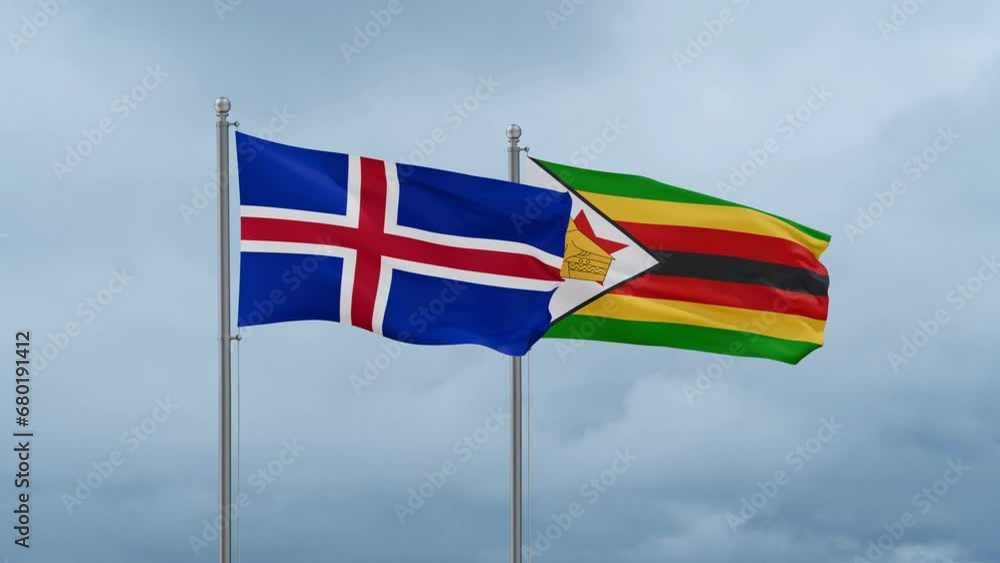 Zimbabwe and Iceland flag waving together on cloudy sky, endless seamless loop, two country cooperation concept Zimbabwe and Iceland flag waving together on cloudy sky, endless seamless loop, two country cooperation concept