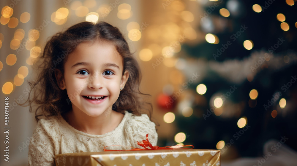 A cheerful girl stands by a festive Christmas tree, holding a gift. A cheerful girl stands by a festive Christmas tree, holding a gift.