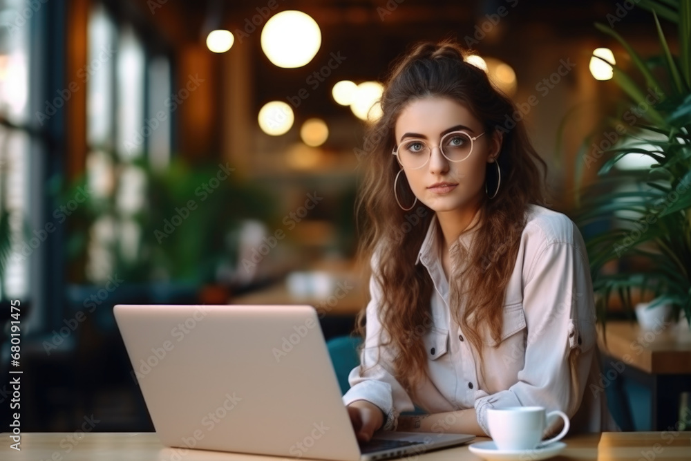 A beautiful young woman, possibly a freelancer or student, immersed in her work on a laptop at a cafe table, showcasing focus and dedication. A beautiful young woman, possibly a freelancer or student, immersed in her work on a laptop at a cafe table, showcasing focus and dedication.