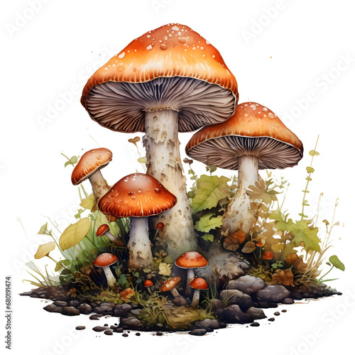 Watercolor red mushrooms in the grass on a transparent background. High resolution