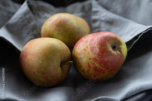 3 PEARMAIN VARIETY APPLES ON GREY LINEN CLOTH  photo