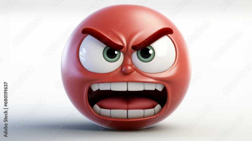 Angry Face Emoji. A red face with a frowning mouth and eyes and eyebrows scrunched downward in anger - obrazy, fototapety, plakaty 