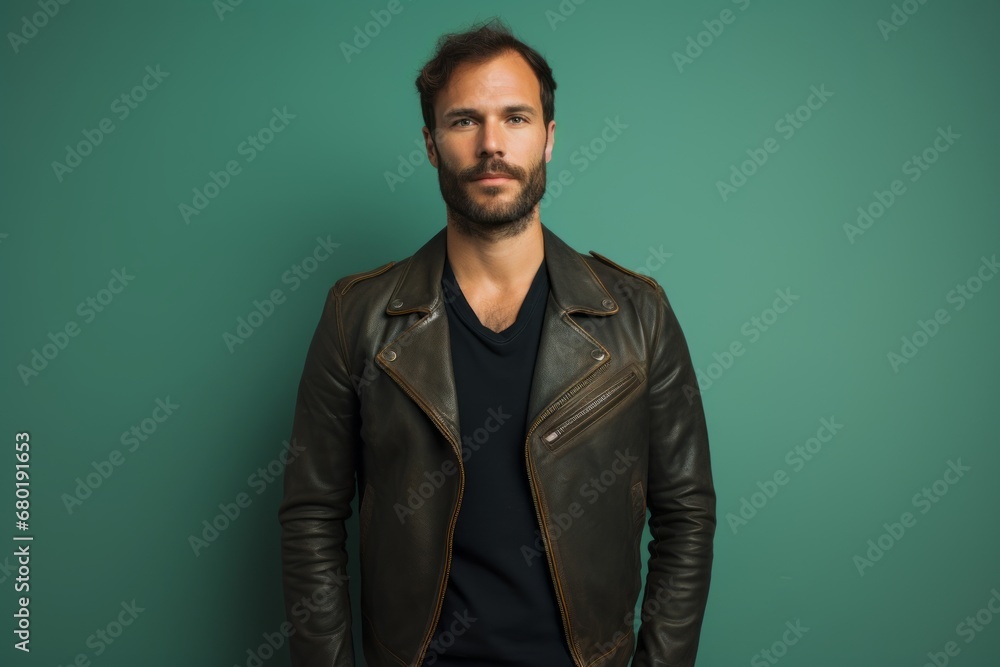 Portrait of a blissful man in his 30s sporting a classic leather jacket against a pastel teal background. AI Generation Portrait of a blissful man in his 30s sporting a classic leather jacket against a pastel teal background. AI Generation