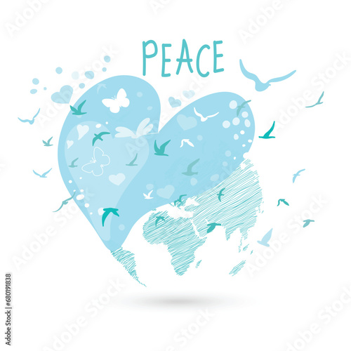 International Day of Peace. Bird, globe, flowers, heart continuous drawing. Concept of love, peace and kindness. Text. Vector