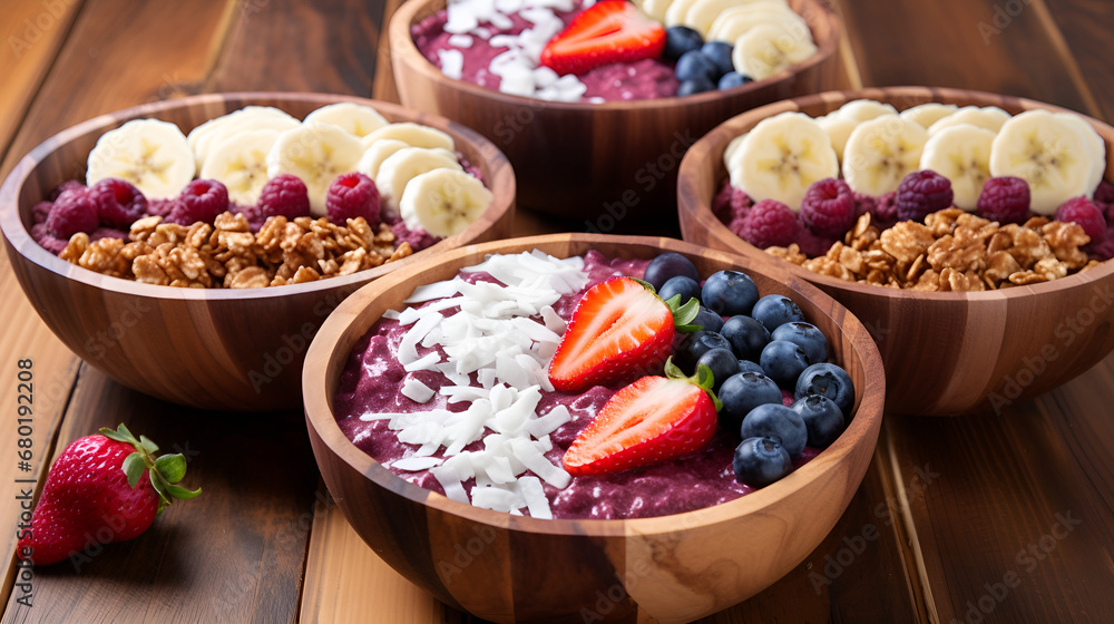 Wholesome Delight: Close-Up of Nutrient-Rich Acai Bowl in a Rustic Wooden Setting