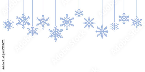 Blue winter border, festive vector background white and blue isolated snowflake design, holiday decoration