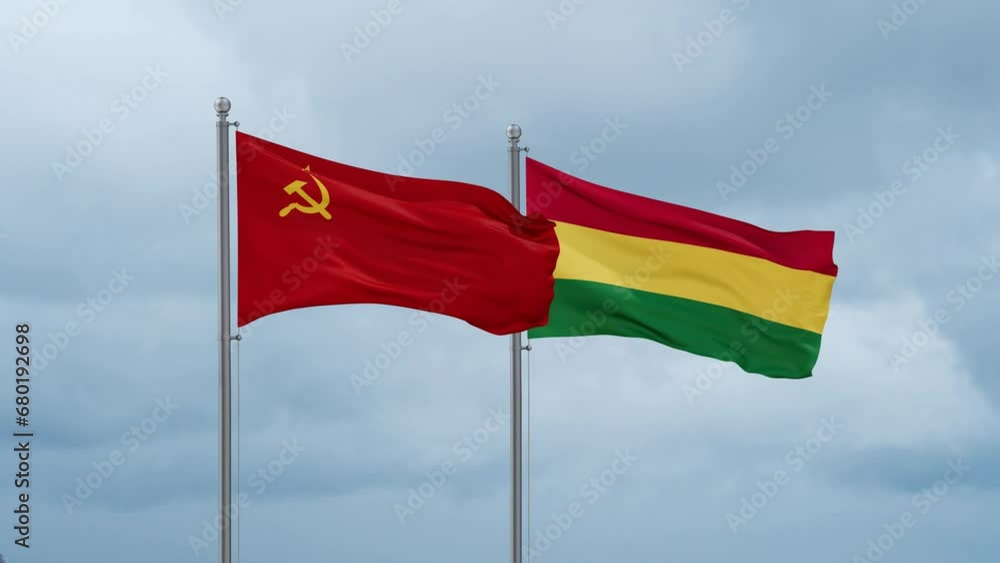 Bolivia flag and Soviet Union or USSR flag waving together on cloudy sky, endless seamless loop, two country relations concept Bolivia flag and Soviet Union or USSR flag waving together on cloudy sky, endless seamless loop, two country relations concept