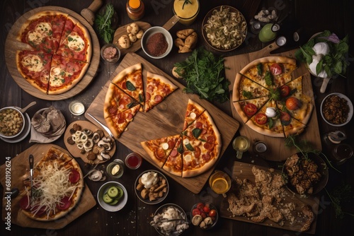 Table full of different types of pizza. Pizza party for friends or family. A lot of Fast  high calorie unhealthy food. Italian cuisine concept.
