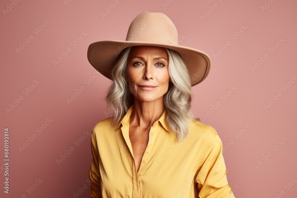 Portrait of a blissful woman in her 50s wearing a rugged cowboy hat against a pastel brown background. AI Generation