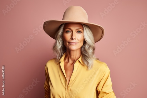Portrait of a blissful woman in her 50s wearing a rugged cowboy hat against a pastel brown background. AI Generation