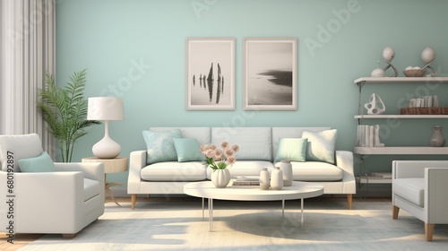 A serene living room in light turquoise  featuring minimalist wall art and cozy furnishings. The room is a haven of peace  inviting you to unwind and enjoy quiet moments of reflection.