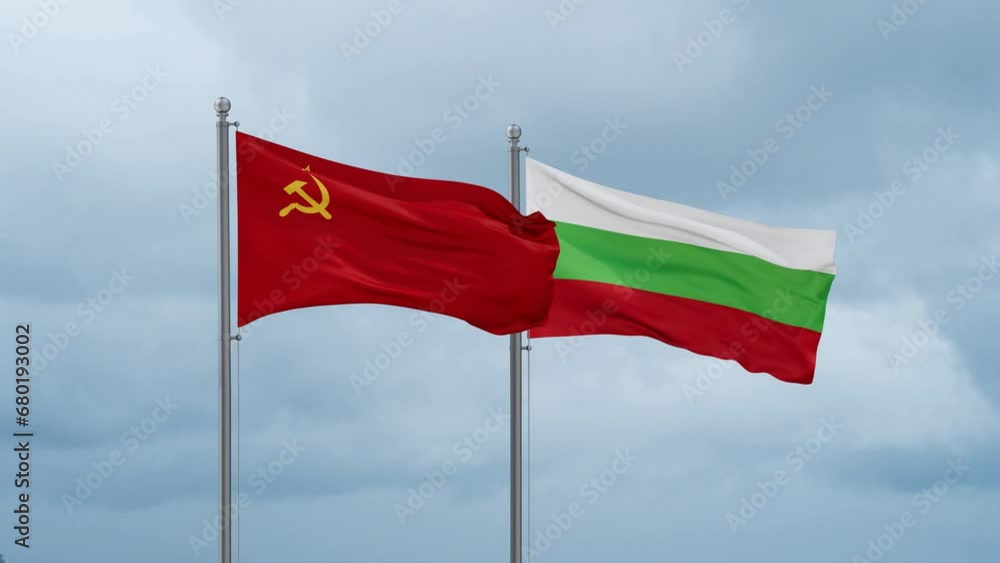 Bulgaria flag and Soviet Union or USSR flag waving together on cloudy sky, endless seamless loop, two country relations concept Bulgaria flag and Soviet Union or USSR flag waving together on cloudy sky, endless seamless loop, two country relations concept