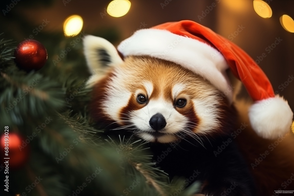 a cute red panda wearing a santa claus hat under a christmas tree a cute red panda wearing a santa claus hat under a christmas tree