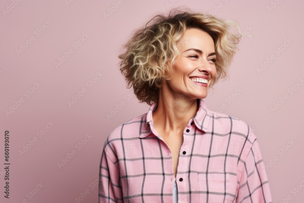 Portrait of a jovial woman in her 40s dressed in a relaxed flannel shirt against a soft pink background. AI Generation Portrait of a jovial woman in her 40s dressed in a relaxed flannel shirt against a soft pink background. AI Generation