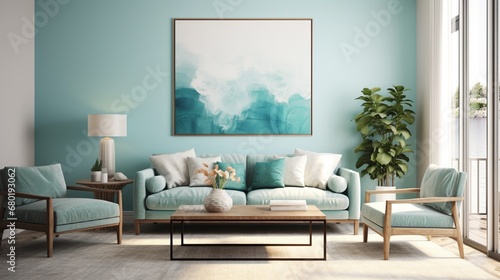 A serene living room in light turquoise, featuring minimalist wall art and cozy furnishings. The room is a haven of peace, inviting you to unwind and enjoy quiet moments of reflection. © Tae-Wan