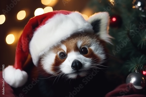 a cute red panda wearing a santa claus hat under a christmas tree © StockUp