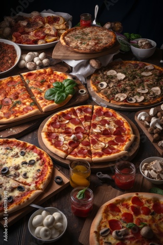 Table full of different types of pizza. Pizza party for friends or family. A lot of Fast, high calorie unhealthy food. Italian cuisine concept.