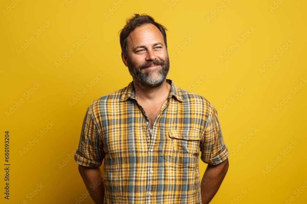 Portrait of a grinning man in his 40s wearing a comfy flannel shirt against a soft yellow background. AI Generation Portrait of a grinning man in his 40s wearing a comfy flannel shirt against a soft yellow background. AI Generation