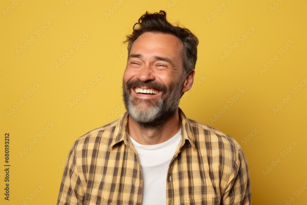 Portrait of a grinning man in his 40s wearing a comfy flannel shirt against a soft yellow background. AI Generation Portrait of a grinning man in his 40s wearing a comfy flannel shirt against a soft yellow background. AI Generation