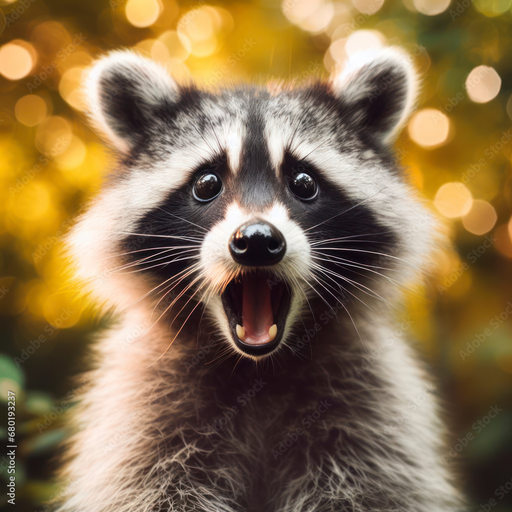 Photo of a Shocked racoon on nature bokeh background. ai generative