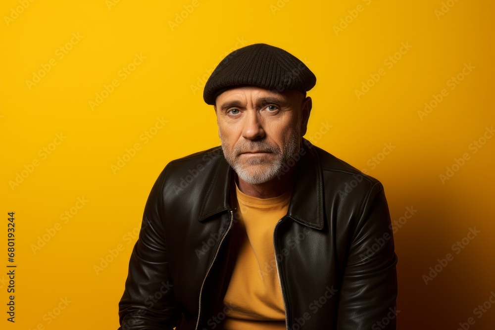 Portrait of a content man in his 50s sporting a trendy beanie against a soft yellow background. AI Generation