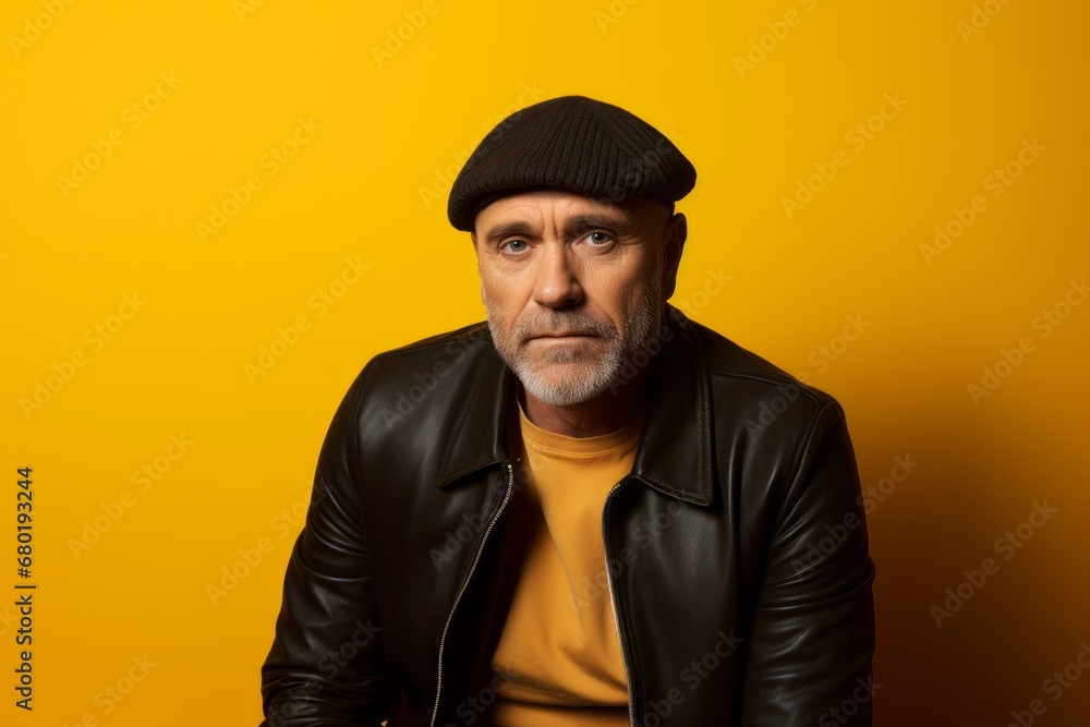 Portrait of a content man in his 50s sporting a trendy beanie against a soft yellow background. AI Generation Portrait of a content man in his 50s sporting a trendy beanie against a soft yellow background. AI Generation