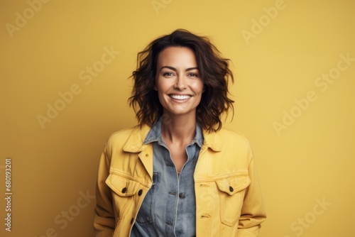 Portrait of a happy woman in her 40s sporting a rugged denim jacket against a soft yellow background. AI Generation © CogniLens