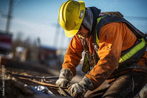 Diligent White Male Construction Worker Wearing Protective Safety Gear on an Active Construction Site