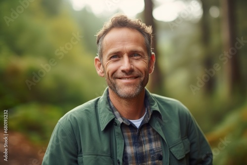 Portrait of a grinning man in his 40s wearing a comfy flannel shirt against a soft yellow background. AI Generation