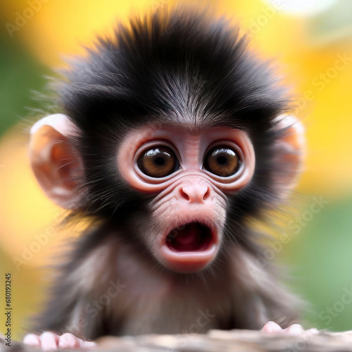 Photo of a Shocked real baby monkey on nature background. ai generative