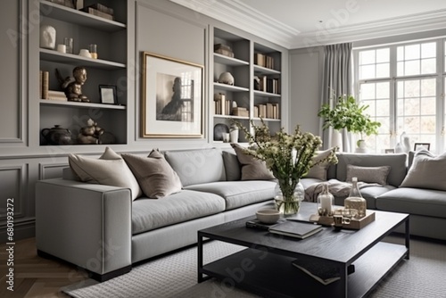 A serene living room in shades of gray  featuring a plush  oversized sofa