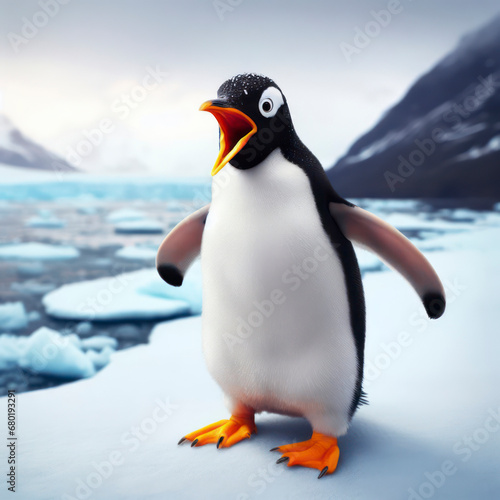 Photo of a Shocked real penguin on nature background ice land. ai generative