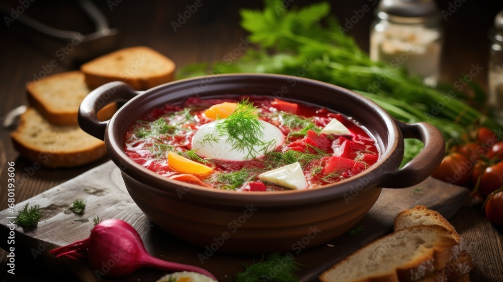 ready Ukraine borscht in beautiful plates with sour cream