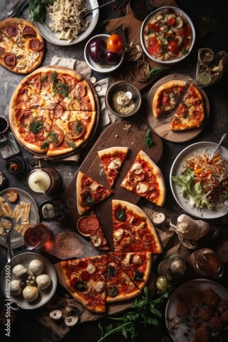 Table full of different types of pizza. Pizza party for friends or family. A lot of Fast, high calorie unhealthy food. Italian cuisine concept.