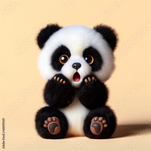 Photo of a Shocked cute panda on solid color background. ai generative