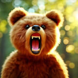 Photo of a Shocked real angry bear on nature bokeh background. ai generative