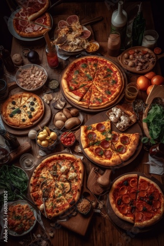 Table full of different types of pizza. Pizza party for friends or family. A lot of Fast, high calorie unhealthy food. Italian cuisine concept. © Ilia