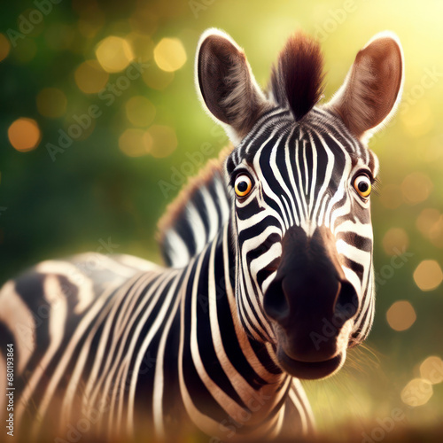 Photo of a Shocked real zebra on nature bokeh background. ai generative