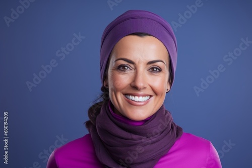 Portrait of a happy woman in her 40s wearing a protective neck gaiter against a soft purple background. AI Generation photo