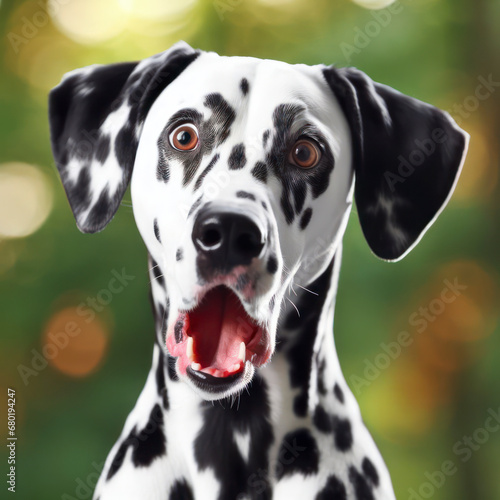 Photo of a Shocked real dalmatian dog on nature bokeh background. ai generative