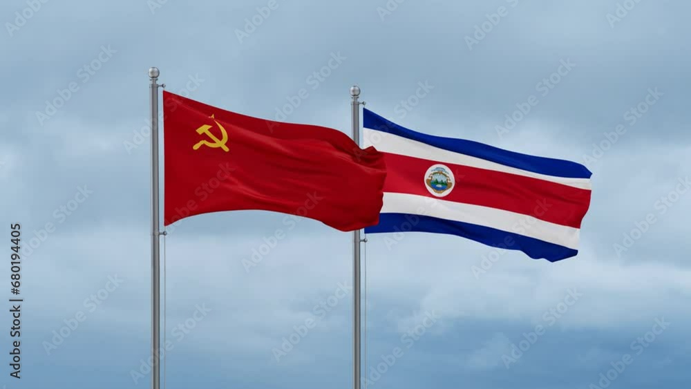 Costa Rico and Soviet Union or USSR flag waving together on cloudy sky, endless seamless loop, two country cooperation concept Costa Rico and Soviet Union or USSR flag waving together on cloudy sky, endless seamless loop, two country cooperation concept
