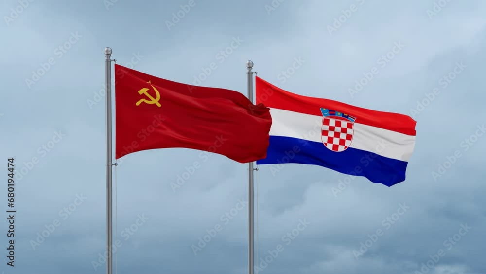 Croatia and Soviet Union or USSR flag waving together on cloudy sky, endless seamless loop, two country cooperation concept Croatia and Soviet Union or USSR flag waving together on cloudy sky, endless seamless loop, two country cooperation concept