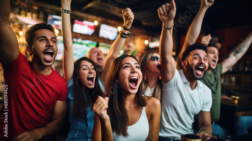 Joyful friends celebrating together in a lively pub © Robert Kneschke