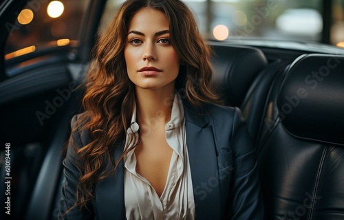 classy businesswoman seated in the backseat of an upscale vehicle. photo