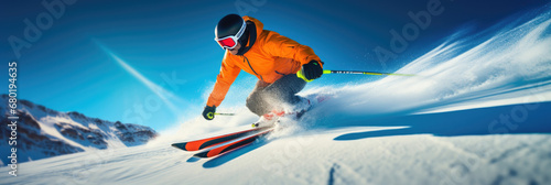 Professional Skier in an Orange Ski Suit descends a black slope in the French Alps, freeride action photoshoot, panoramic wallpaper  photo