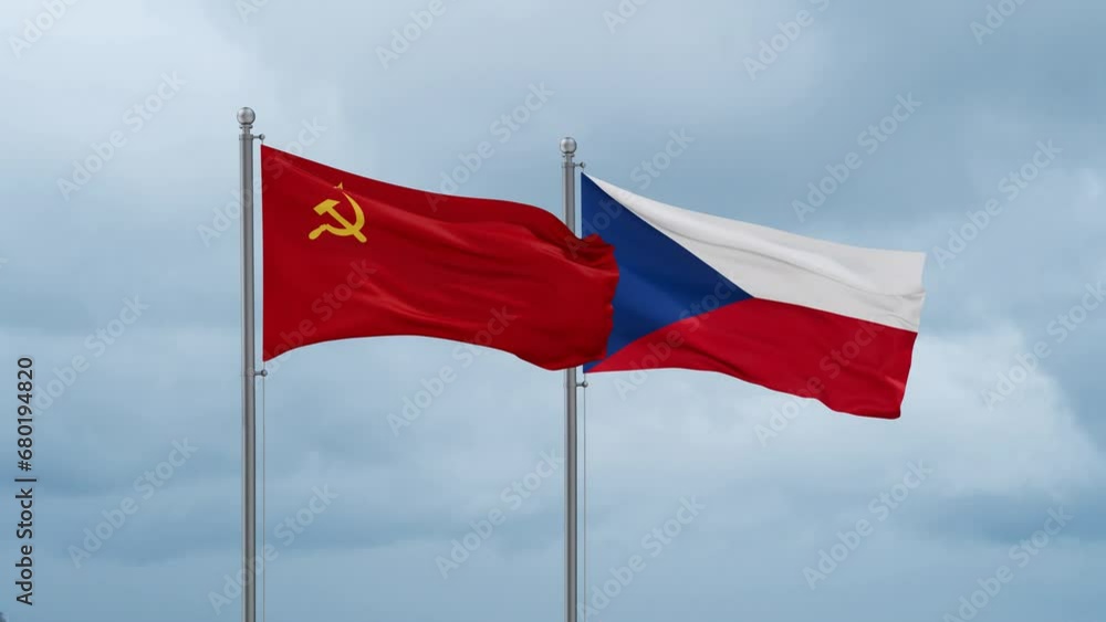 Czech Republic flag and Soviet Union or USSR flag waving together on cloudy sky, endless seamless loop, two country relations concept Czech Republic flag and Soviet Union or USSR flag waving together on cloudy sky, endless seamless loop, two country relations concept