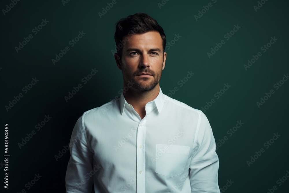 Portrait of a tender man in his 30s wearing a classic white shirt against a soft teal background. AI Generation