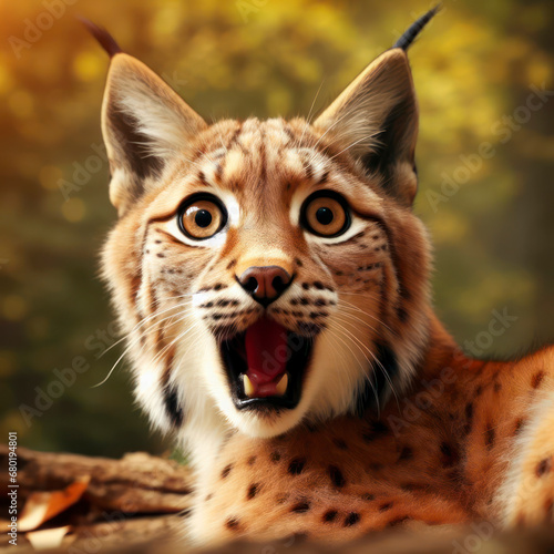 Photo of a Shocked real lynx on nature bokeh background. ai generative