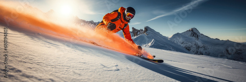 extreme freestyle ski in winter, man in orange suit 
go down the slope at high speed, freeride in mountain wallpaper  photo