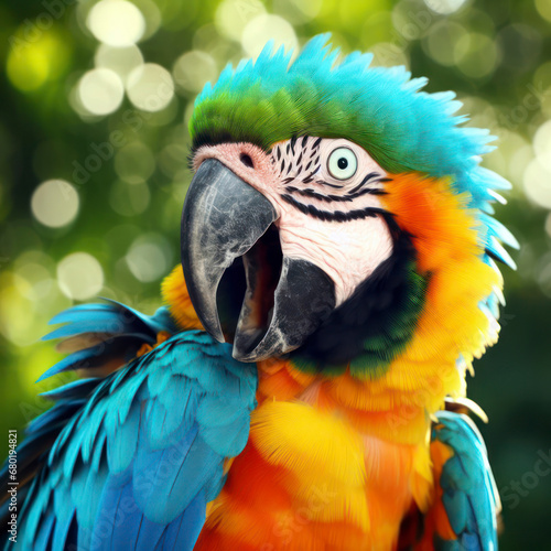 Photo of a Shocked real macaw on nature bokeh background. ai generative